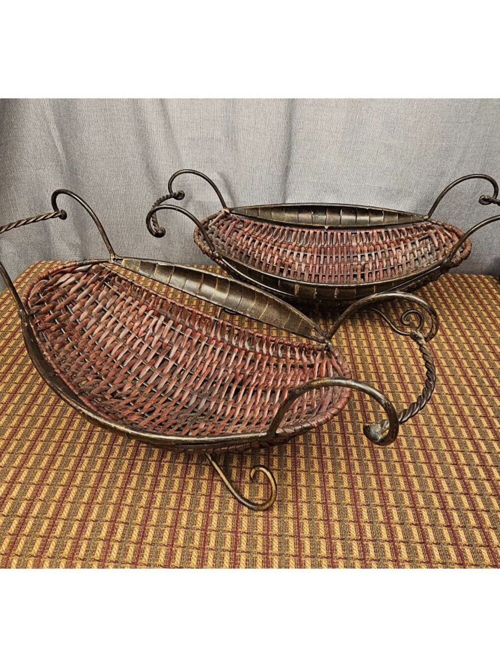 Set Of 2 Vintage Woven Metal & Rattan Baskets With Ornate Handles And Sturdy Scr
